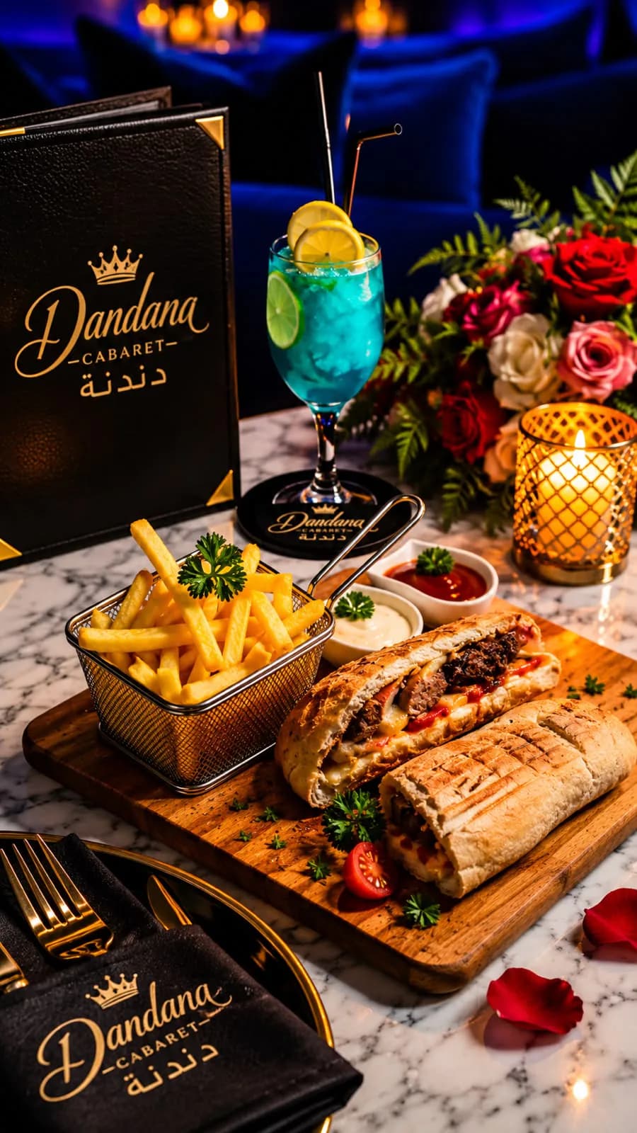 Panini grillé et frites sur planche, sauces — Dandana Cabaret, Marrakech