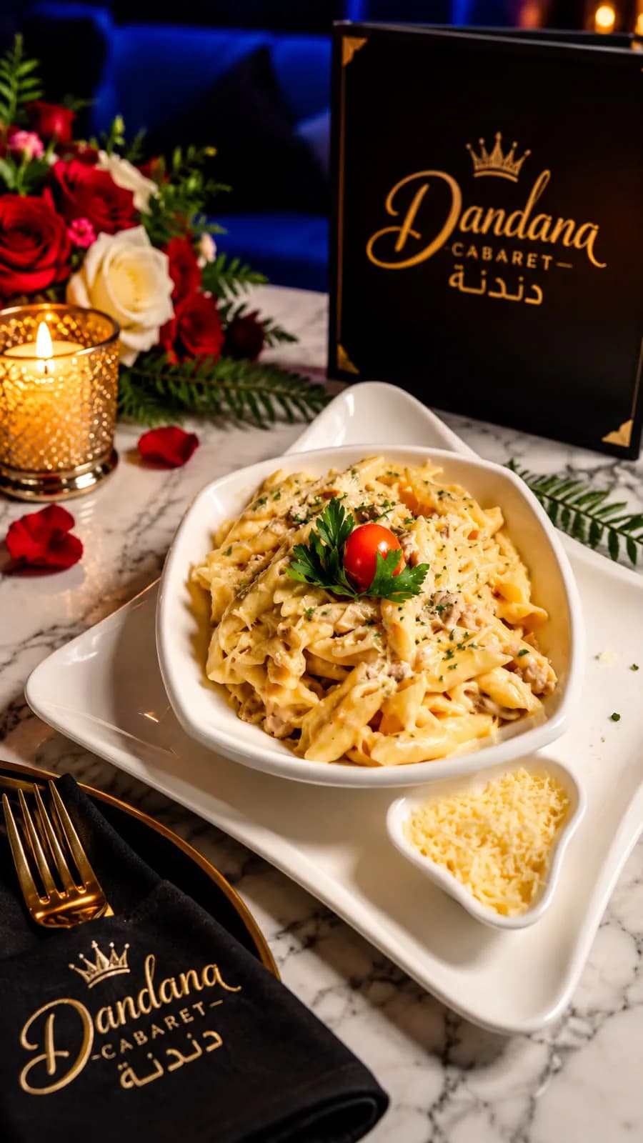 Pâtes à la crème, parmesan râpé à part — Dandana Cabaret, Marrakech
