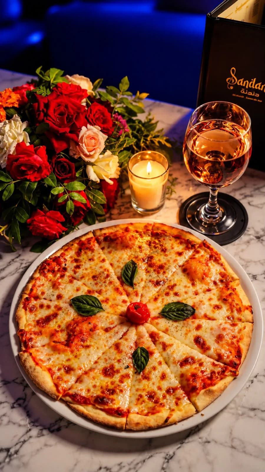 Pizza margherita au basilic, servie avec un verre de vin — Dandana Cabaret, Marrakech