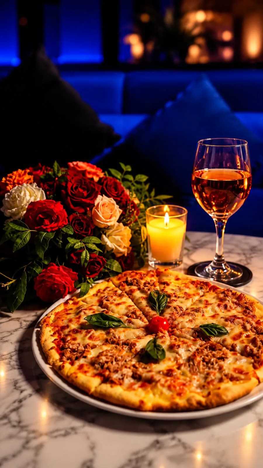 Pizza garnie au basilic, servie avec un verre de vin — Dandana Cabaret, Marrakech