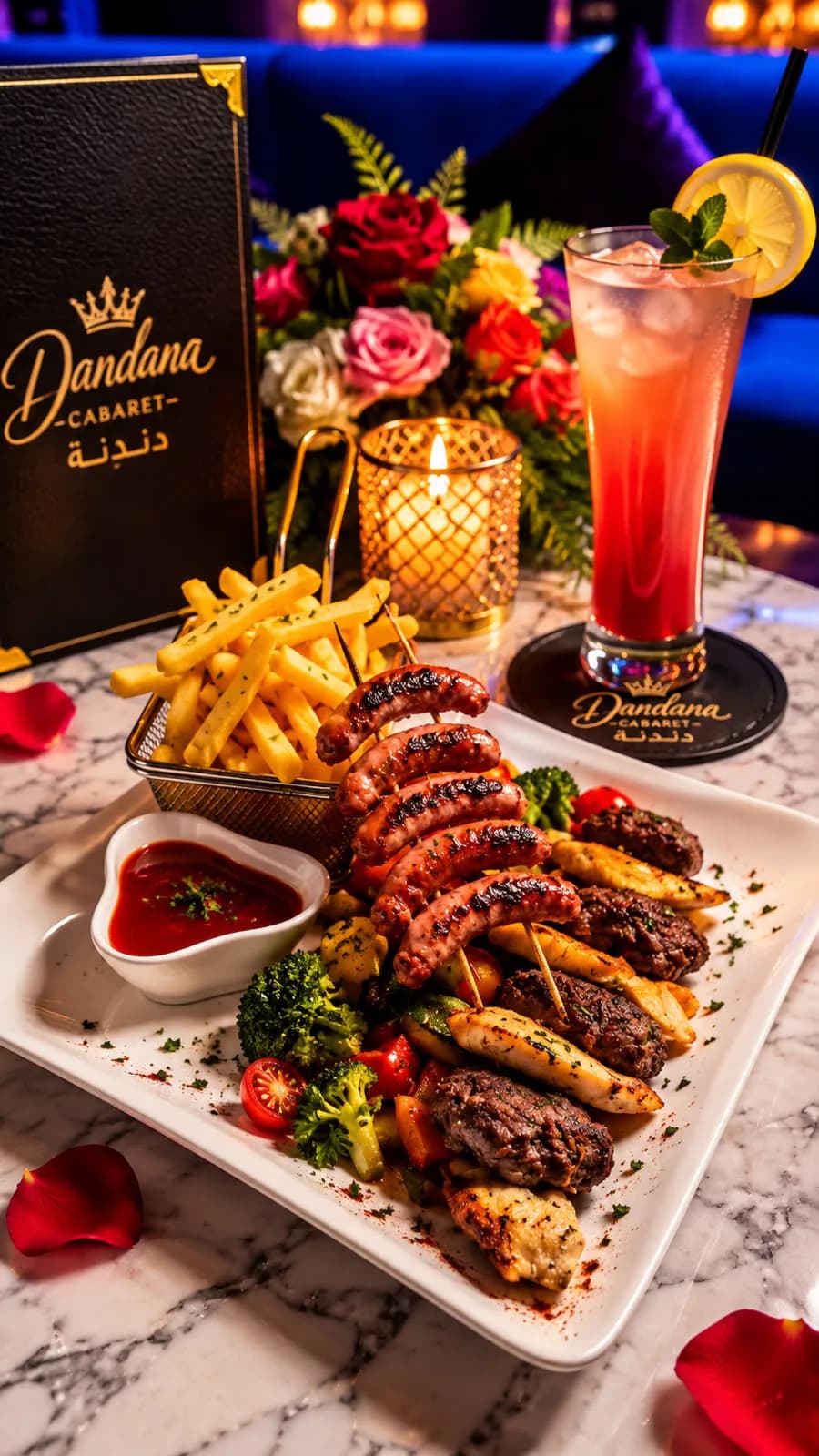 Mixed grill servi à table chez Dandana, bougie et carte de la maison